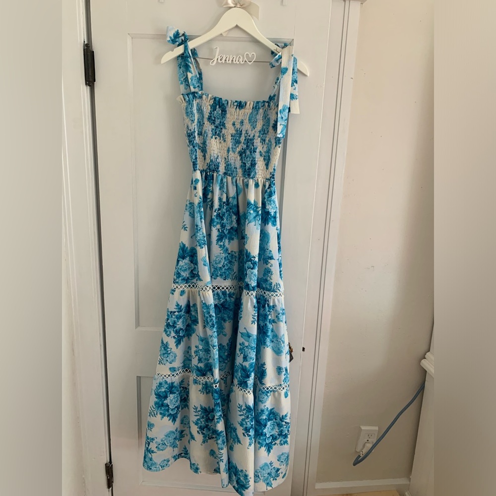 Beautiful blue and white floral maxi dress with tie straps